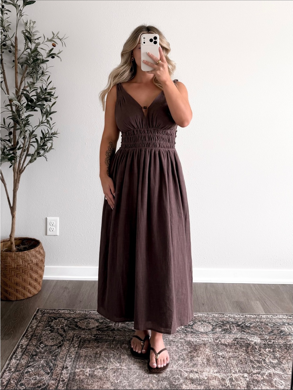 Mustard Seed Brown Smocked-Waist Midi Dress